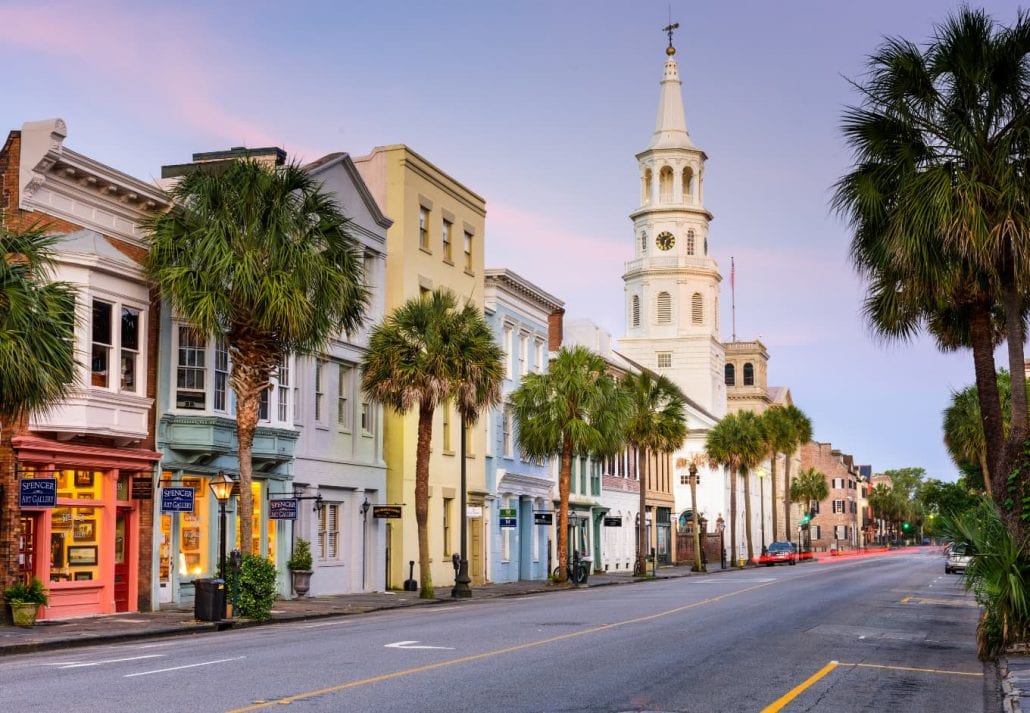 Shops line Broad street in the French Quarter. The French Quarter is within the original walled city of Charleston.