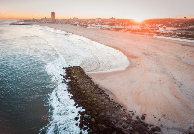 Aerial view of Atlantic Ocean near Asbury Park, New Jersey at sunset