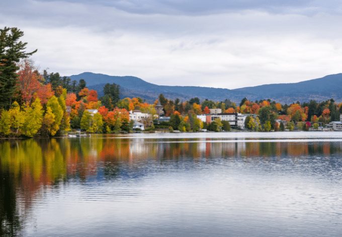 Buildings Among Colourful Trees on the The Shores of Mirror Lake in Lake Placid, NY, on a Cloudy Autumn Day
