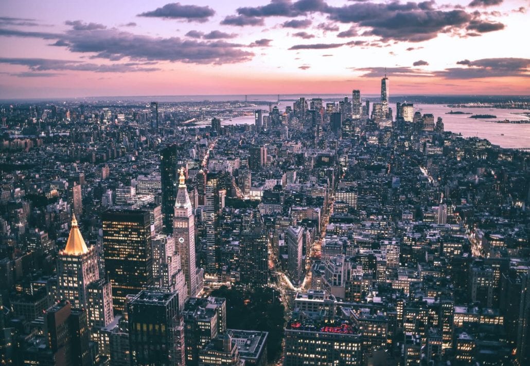 New York City skyline by sunset