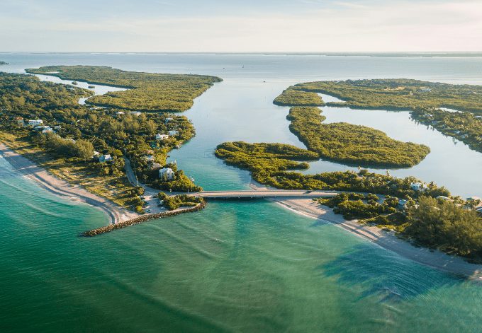 Stunning aerial view during sunrise of Captiva Island and Sanibel Island.