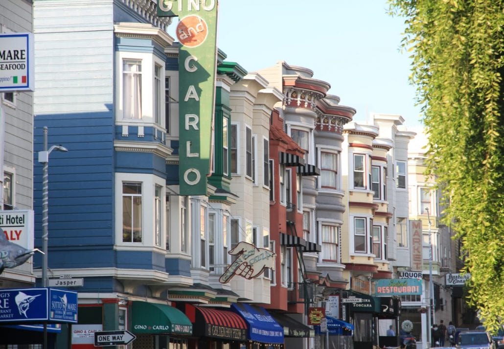 Victorian Houses and Restaurants in Little Italy, San Francisco, California.