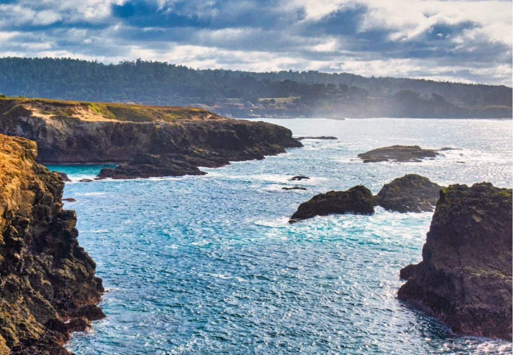 A majestic view of the bay cliffs and inlets of Mendocino and its rocks