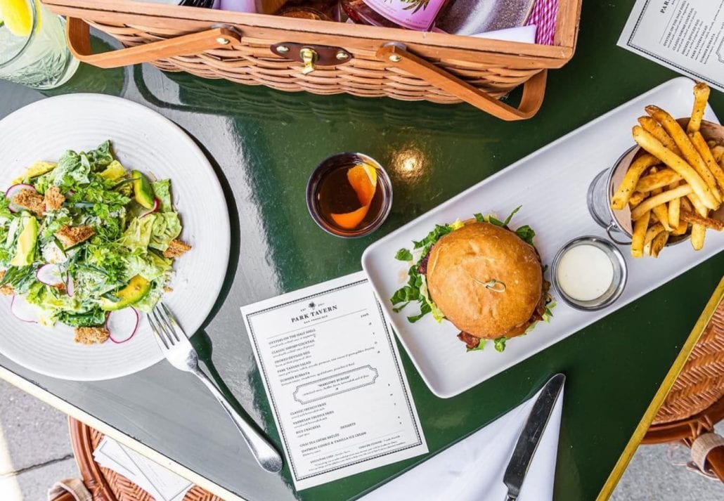 Hamburger, fries and salad from Park Tavern restaurant in San Francisco, California.