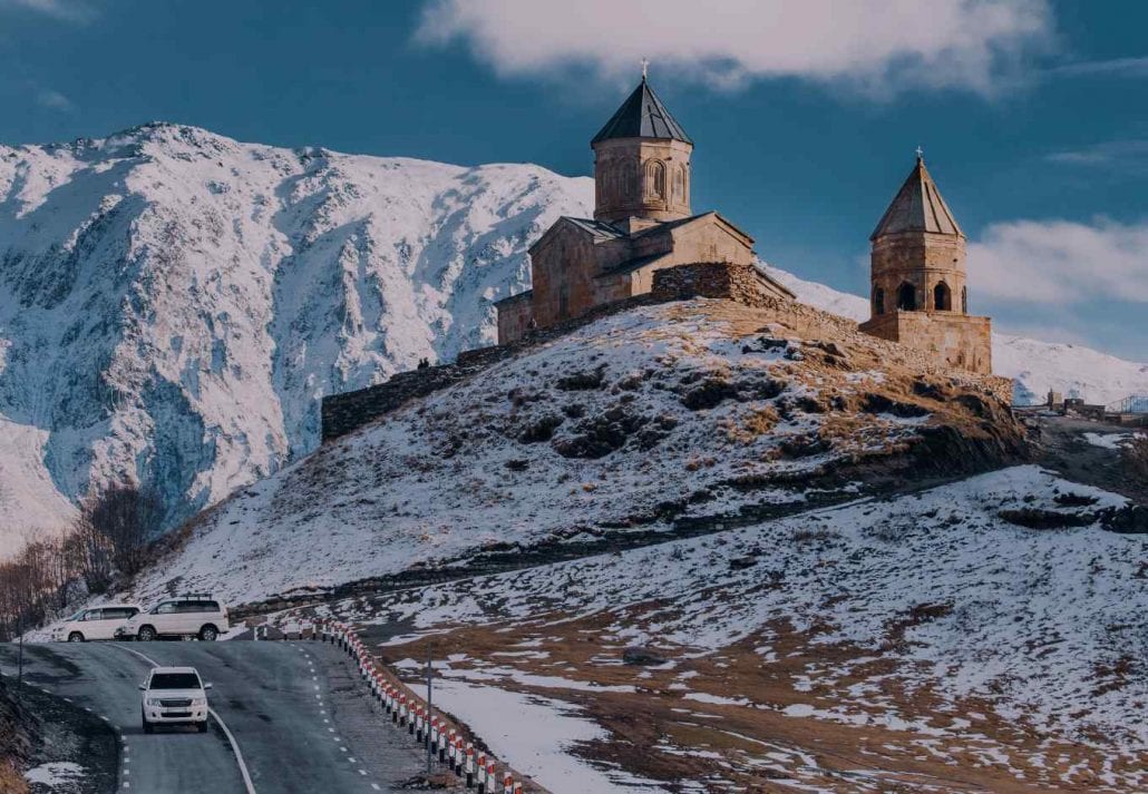 The region of Kakheti, in Georgia, surrounded by scenic snow-dusted mountains.