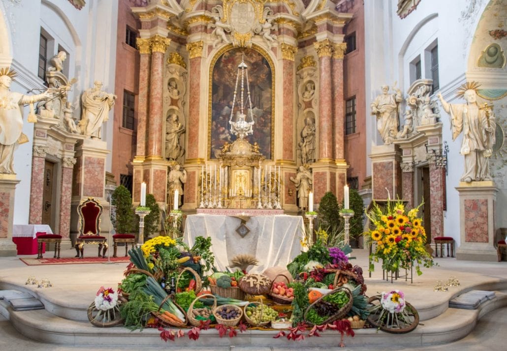 Harvest festival ceremony (Erntedankaltar) in the church