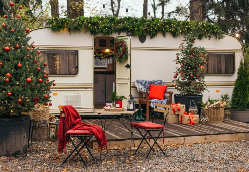 Caravan mobile home with terrace, Mobile home decorated with Christmas decor