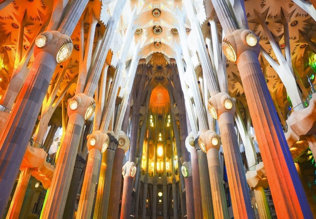 Interiors of La Sagrada Familia, Barcelona.