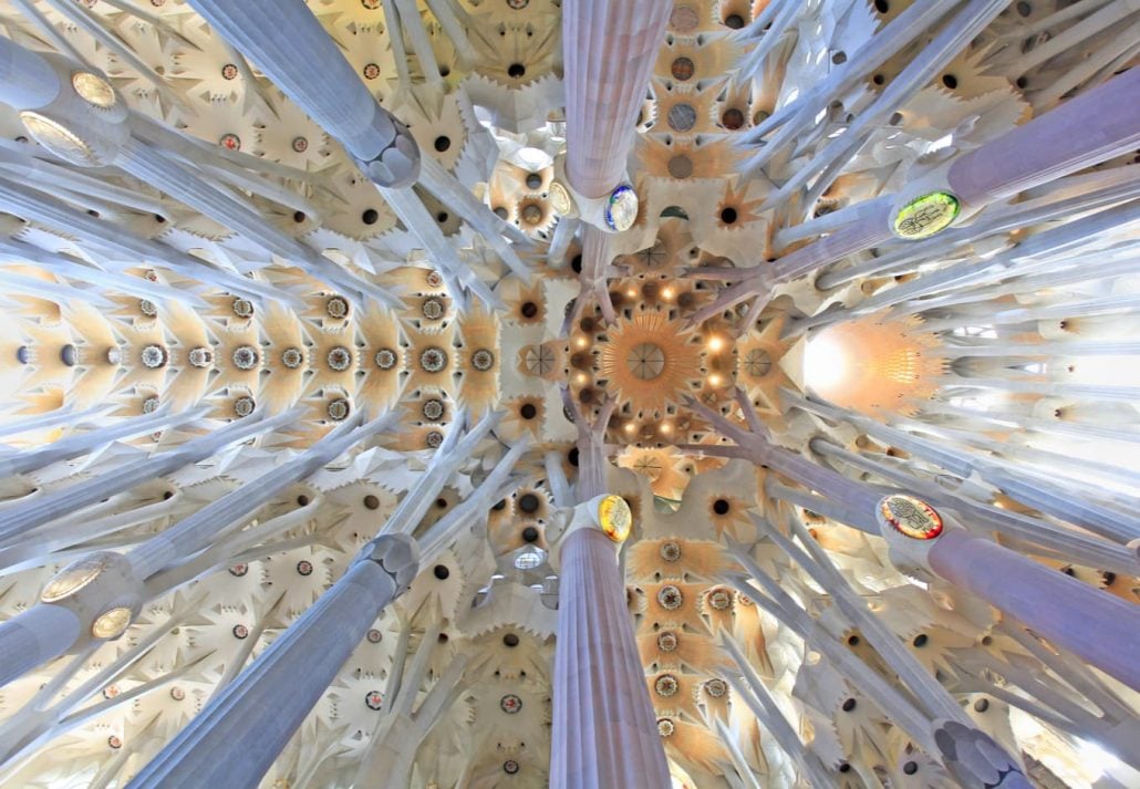 La Sagrada Familia - the ceiling of the cathedral designed by Gaudi.