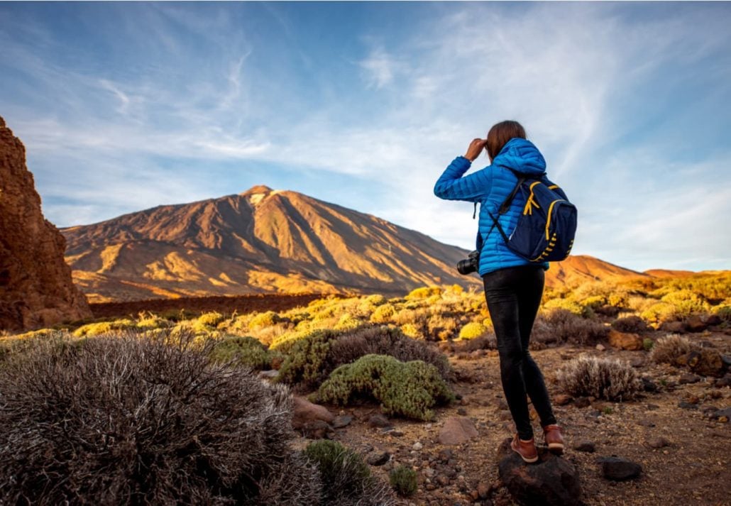 Female traveler in Teide park, Tenerife, Canary Islands, Spain.