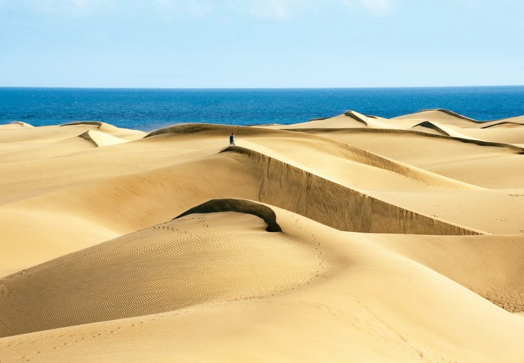 Sandy dunes on the famous natural beach of Maspalomas, Gran Canaria, Spain