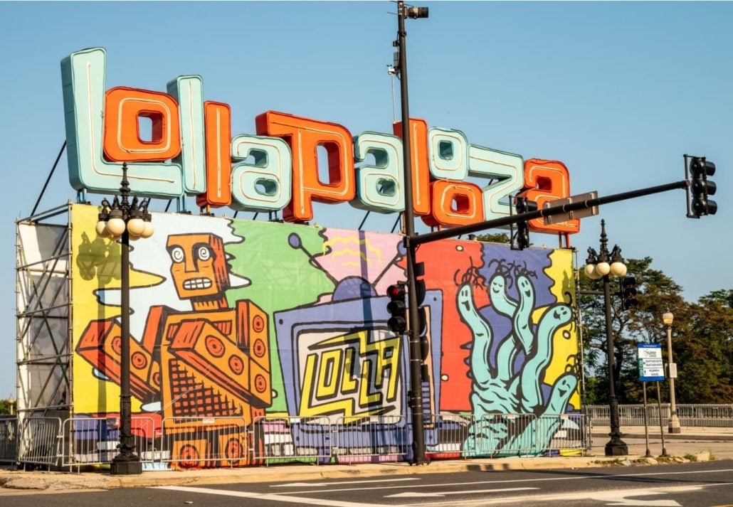 The temporary Lollapalooza sign downtown Chicago, at the entrance to Grant Park.