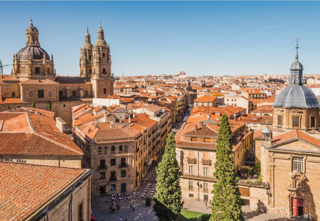 Panoramic view of Salamanca city from the rooftop of Salamanca Cathedral, Castile and Leon, Spain.