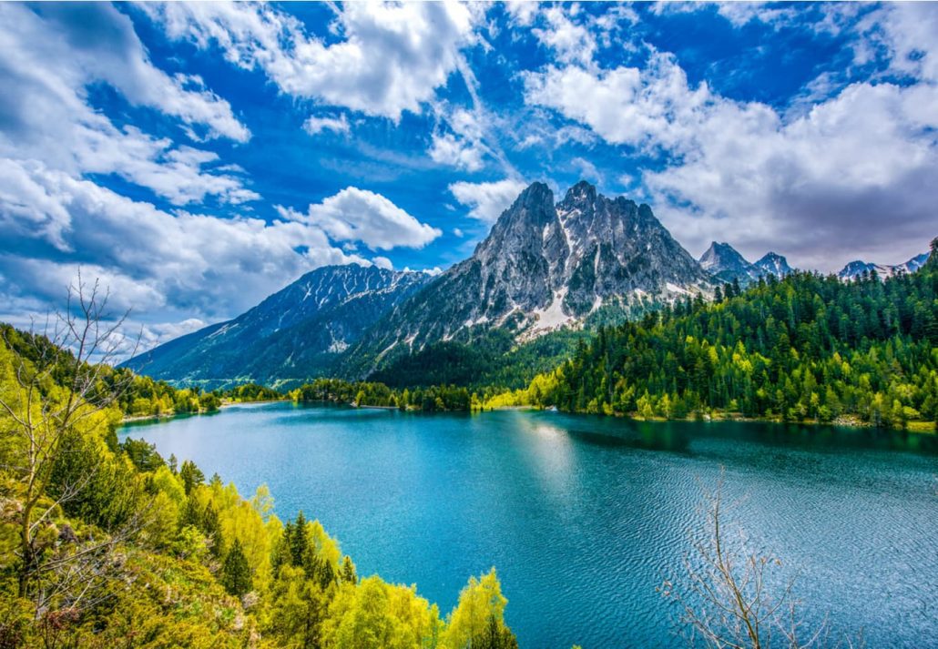 Alpine lake of San Mauricio in the Aigues Tortes National Park in the Spanish Pyrenees