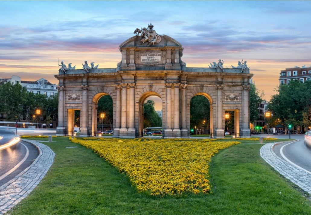 The Puerta Alcala (Alcala Door) in Madrid, Spain at sunset