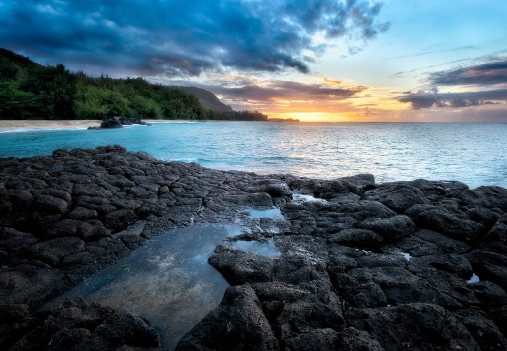 Kauapea Beach, also known as Secret Beach, Kauai, Hawaii, at sunset