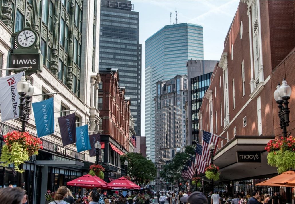 Busy shopping street in Boston, Massachusetts.