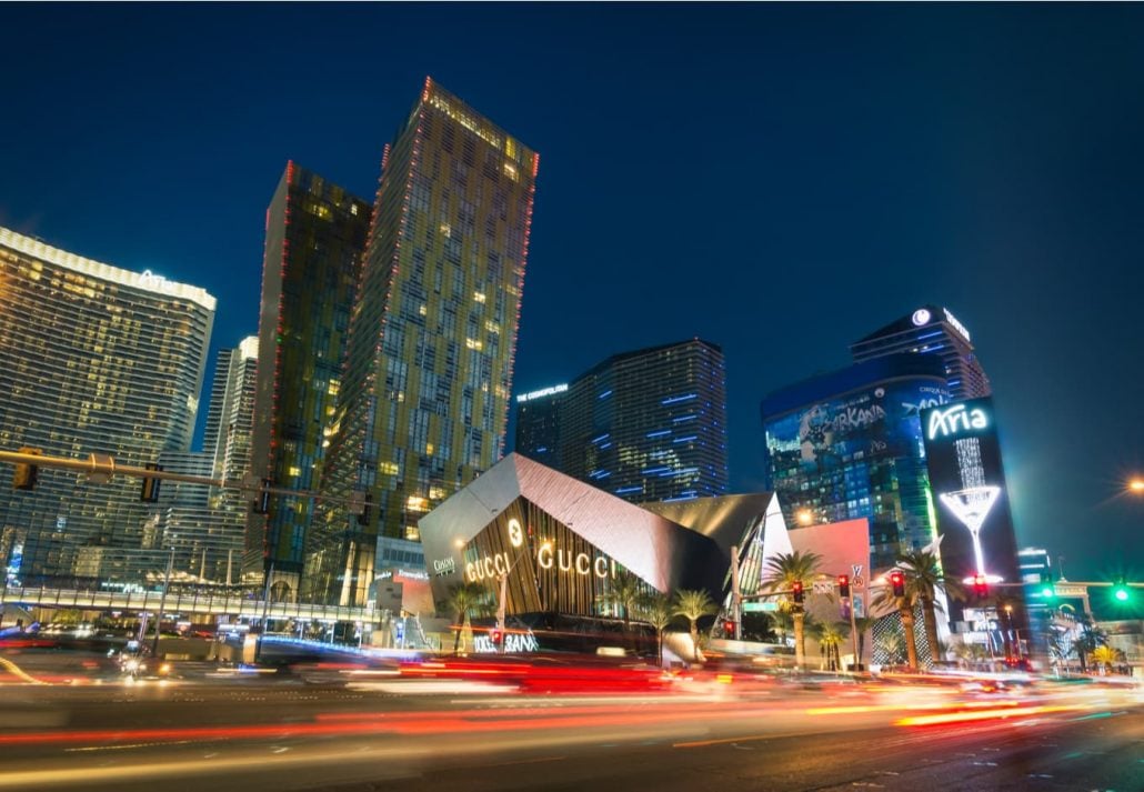 Blurred lights on the Strip at sunset, Las Vegas.