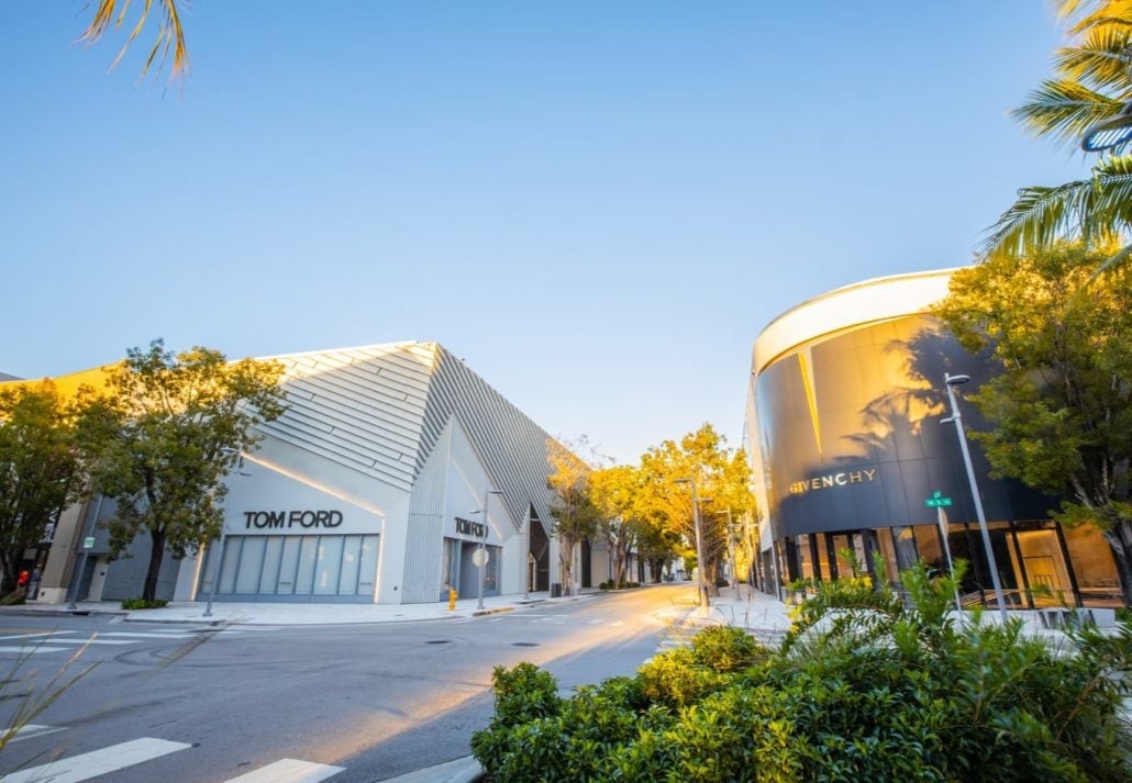 Empty streets of Miami Design District, Fashion stores, design shops, art galleries, landmarks.