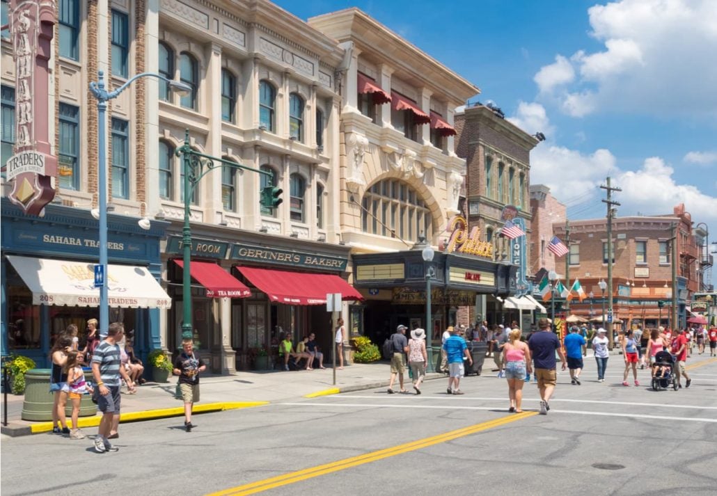  Shops and restaurants resembling vintage architecture at Universal Studios Florida theme park