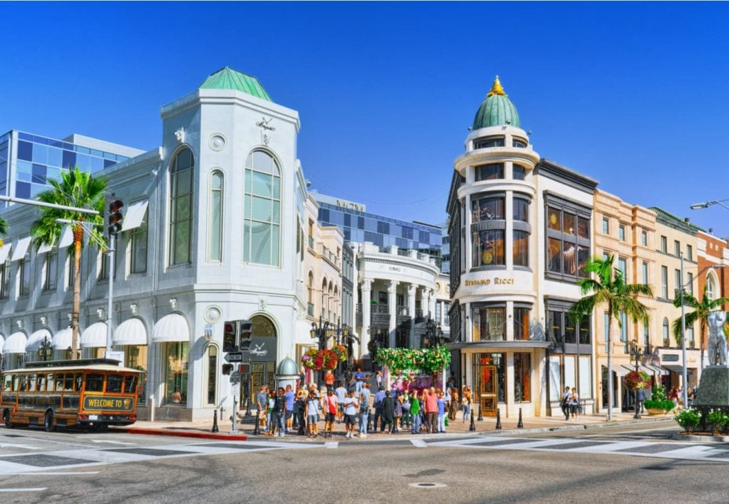 View of the fashionable street Rodeo Drive in Hollywood, LA.