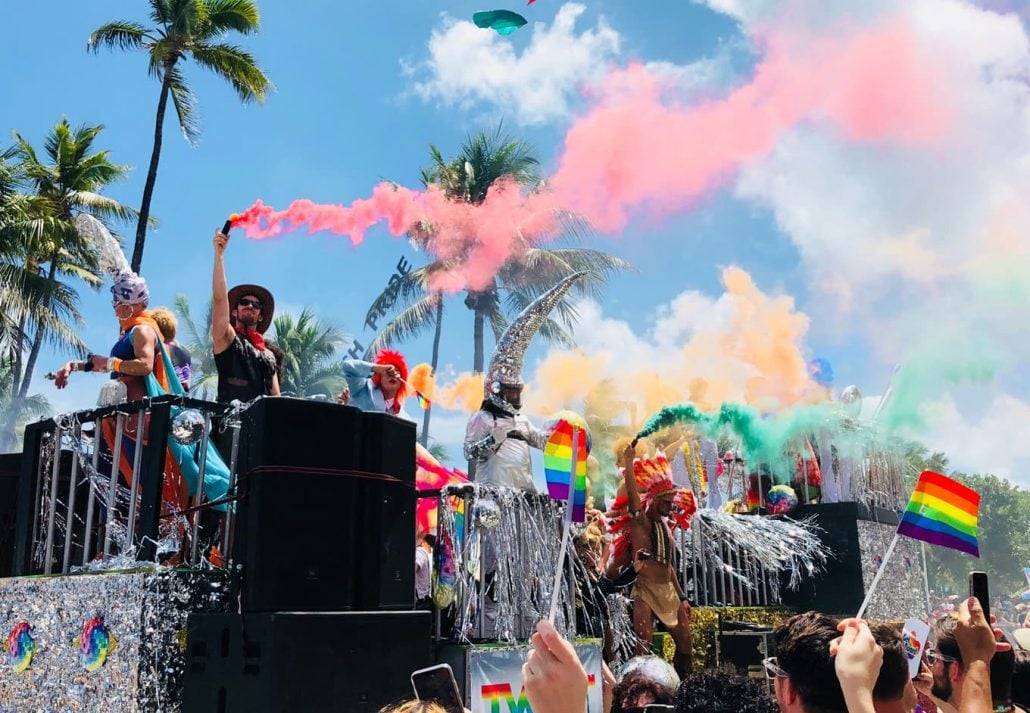 Pride parade along Ocean Drive, South Beach, Miami. 