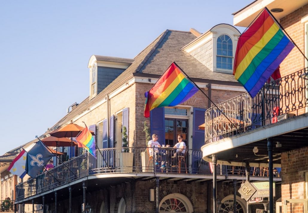 Colorful rainbow flags in the French Quarter
