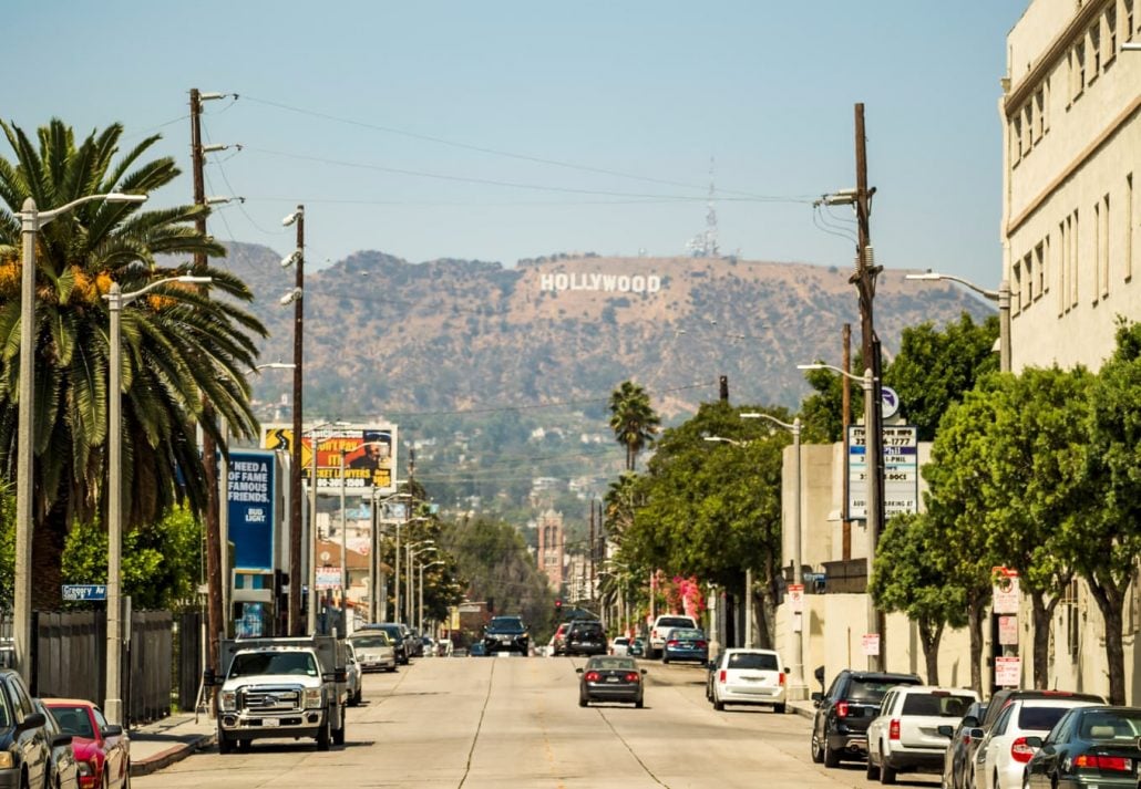 Hollywood Sign view from Gower Street , Los Angeles, California.