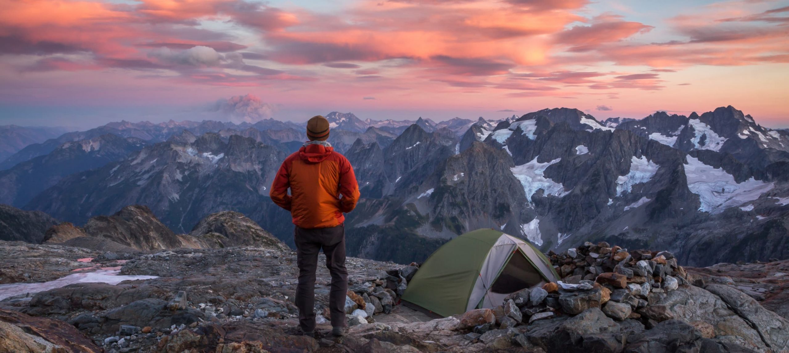 Hiker at sunset in North Cascades National Park, USA