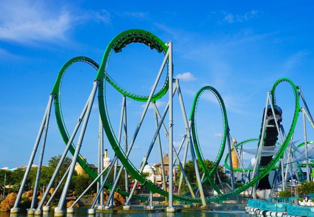 The Hulk Coaster, in the Islands of Adventure theme park in  Orlando, Florida.