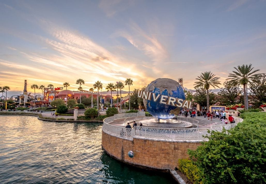 Universal Studios globe at the entrance to the theme park.