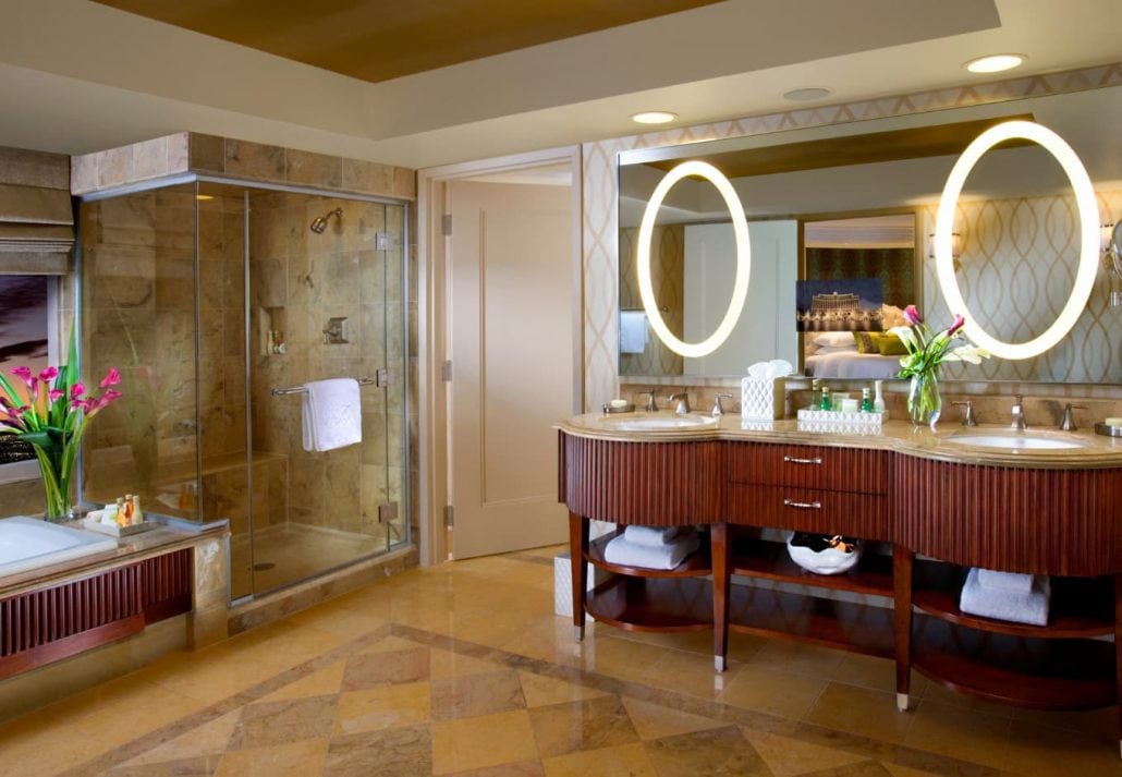 The marble covered bathroom of Bellagio Hotel, in Las Vegas.