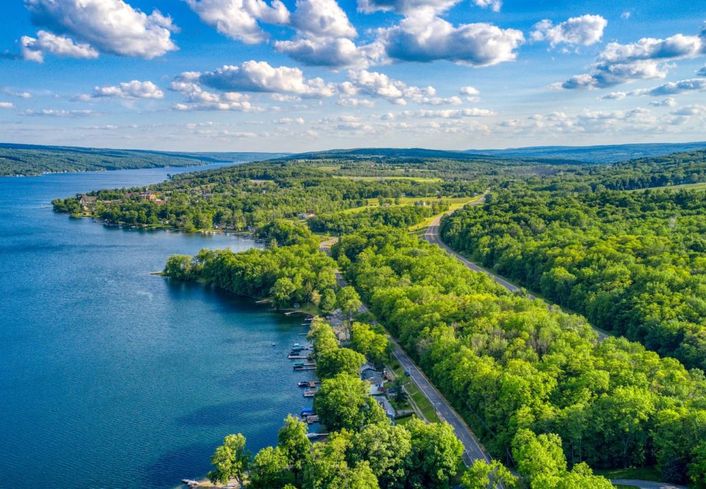 Keuka Lake (Finger Lakes) surrounded by green trees during the summertime.