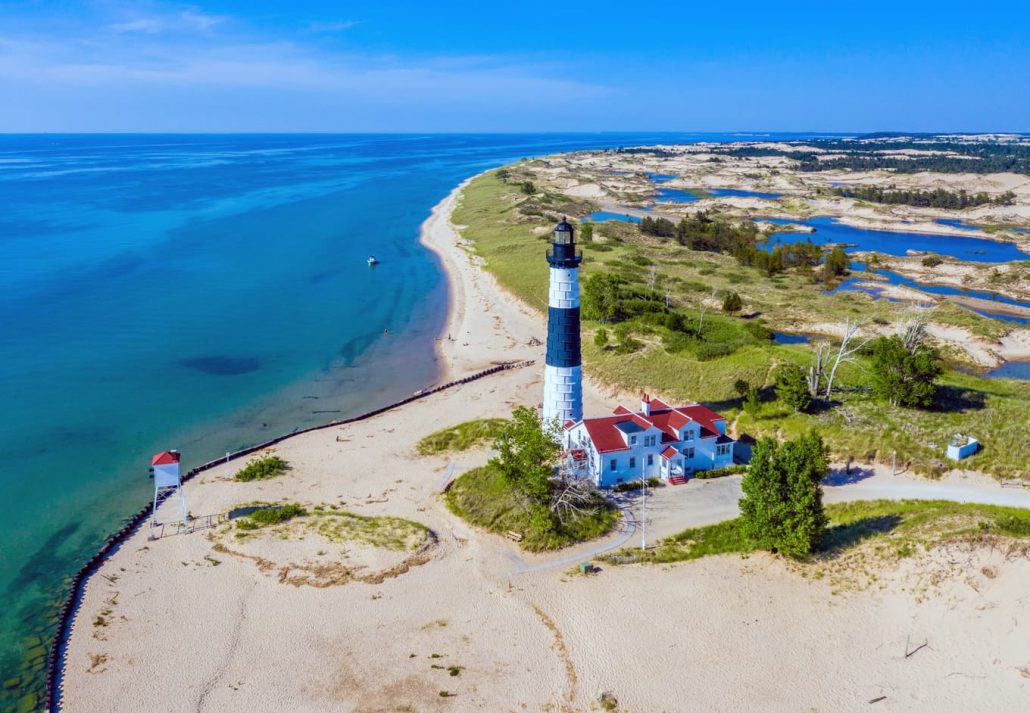 Aerial view of Big Sable Point Lighthouse near Ludington, Michigan.