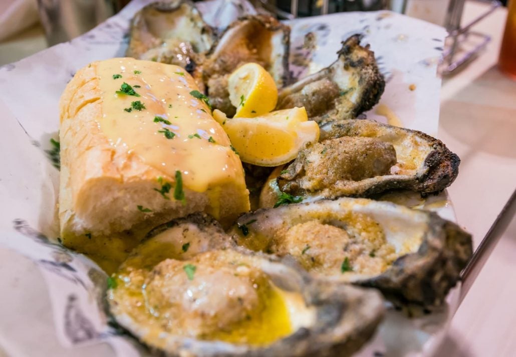 New Orleans-style oysters with a baguette on the side.