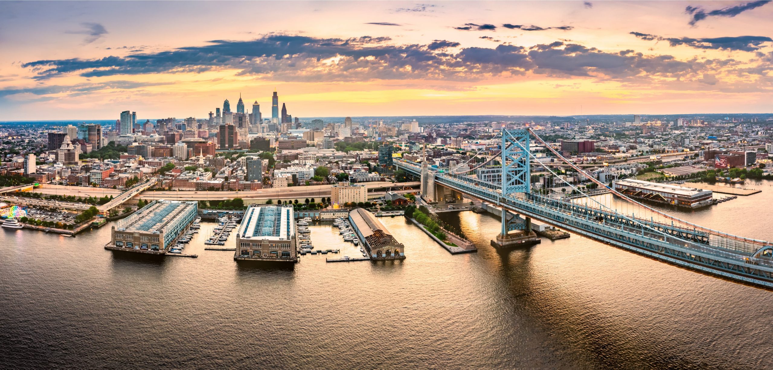 Philadelphia's skyline at sunset time.