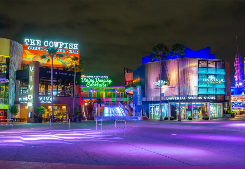CityWalk at night at Universal Studios Park in Orlando, Florida, USA.