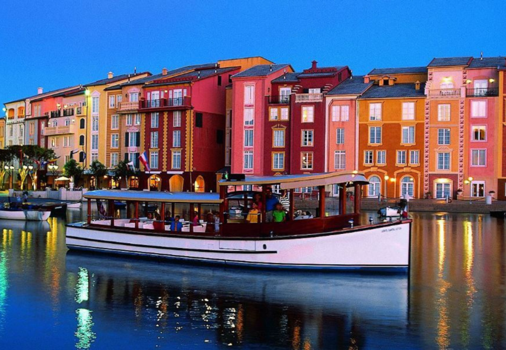 Universal's Loews Portofino Bay Hotel at night.