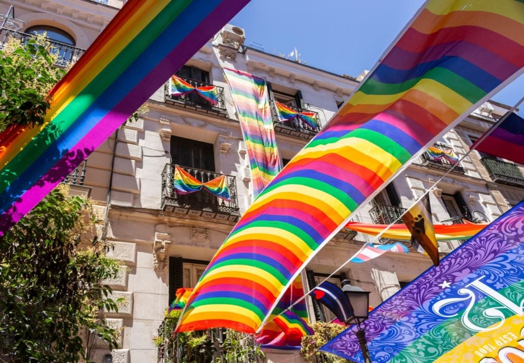 Chueca neighborhood in Madrid, decorated during gay pride day celebrations