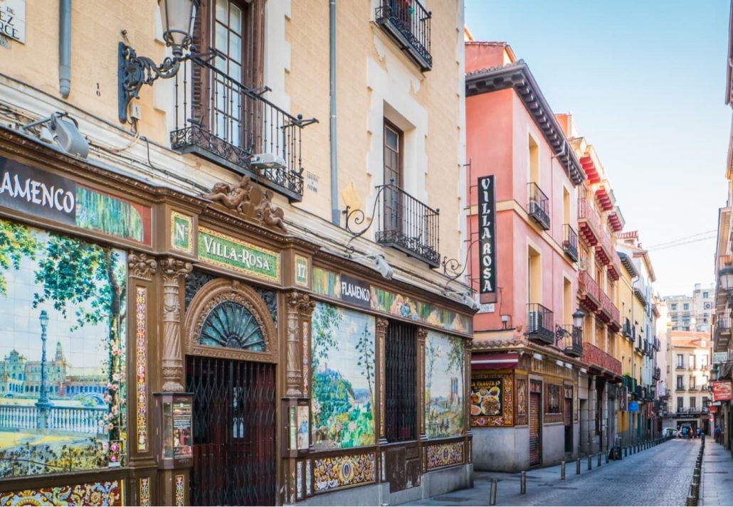 Famous Flamenco table bar downtown Madrid at historical Plaza de Santa Ana, Huertas, Madrid, Spain.