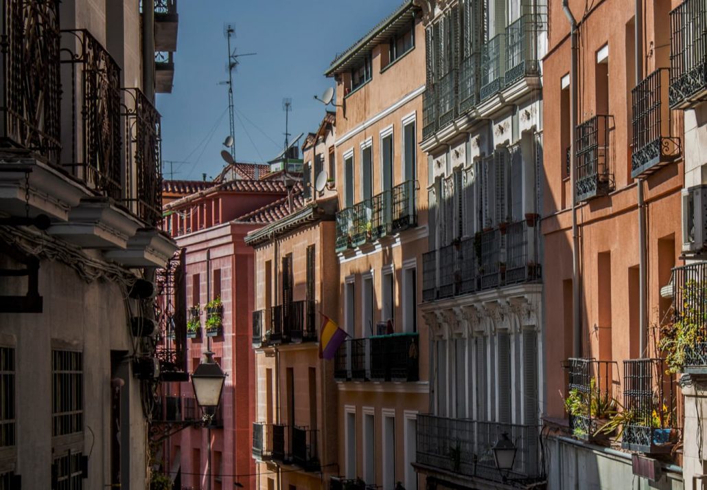 Colorful street scene in the Lavapiés, Madrid, Spain.