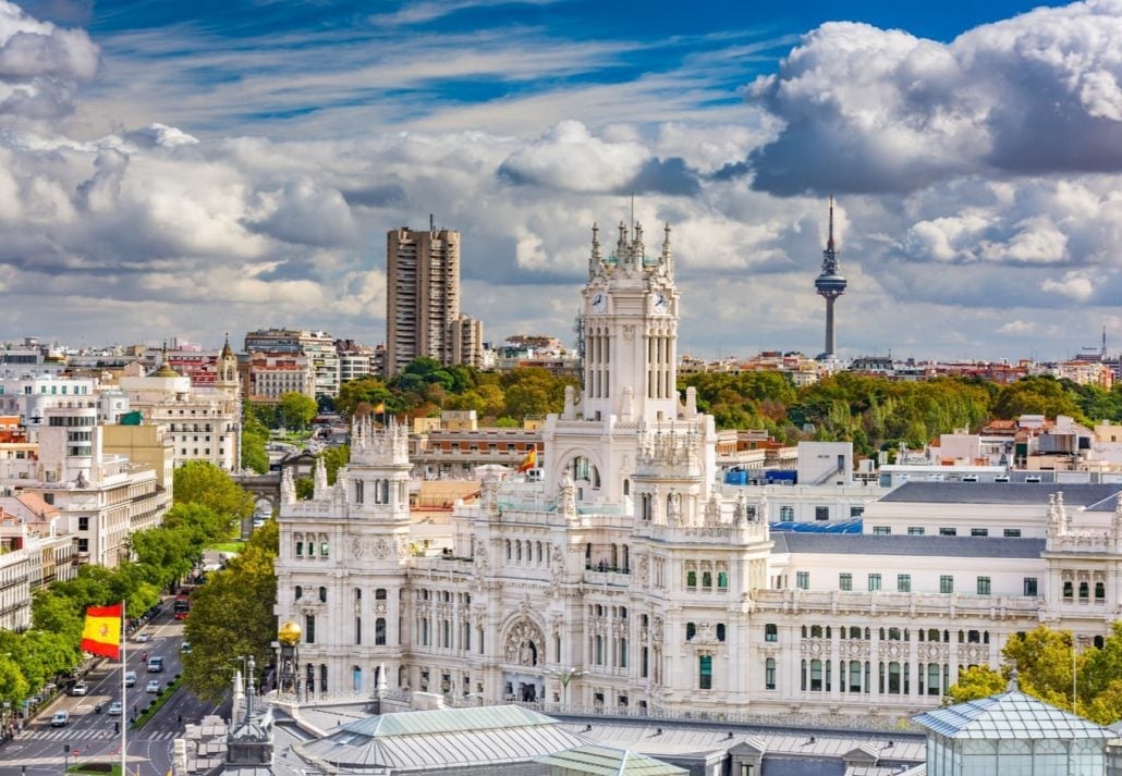 Madrid, Spain cityscape with Communication Palace and Torrespana Tower, in Salamanca, Madrid, Spain.