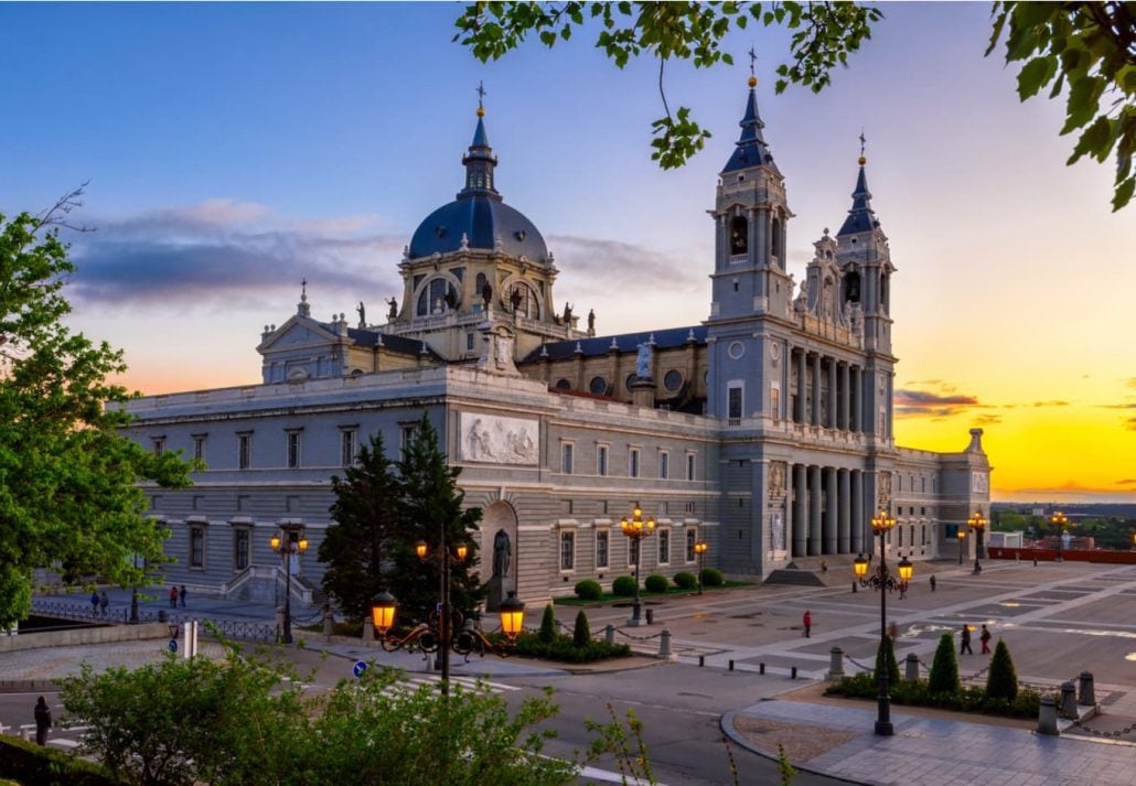 Sunset view of Madrid Cathedral Santa Maria la Real de La Almudena in Madrid, Spain