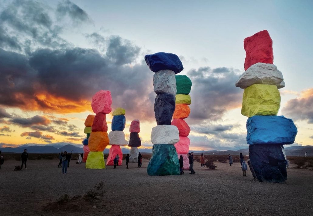 Seven Magic Mountains in the Nevada Desert under beautiful sunset, Las Vegas, Nevada, USA.