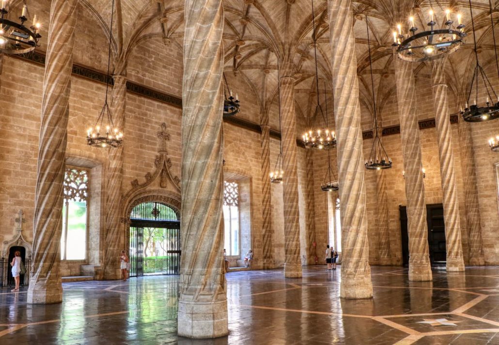Interior of the Lonja de la Seda, a silk exchange building in Valencia, Spain