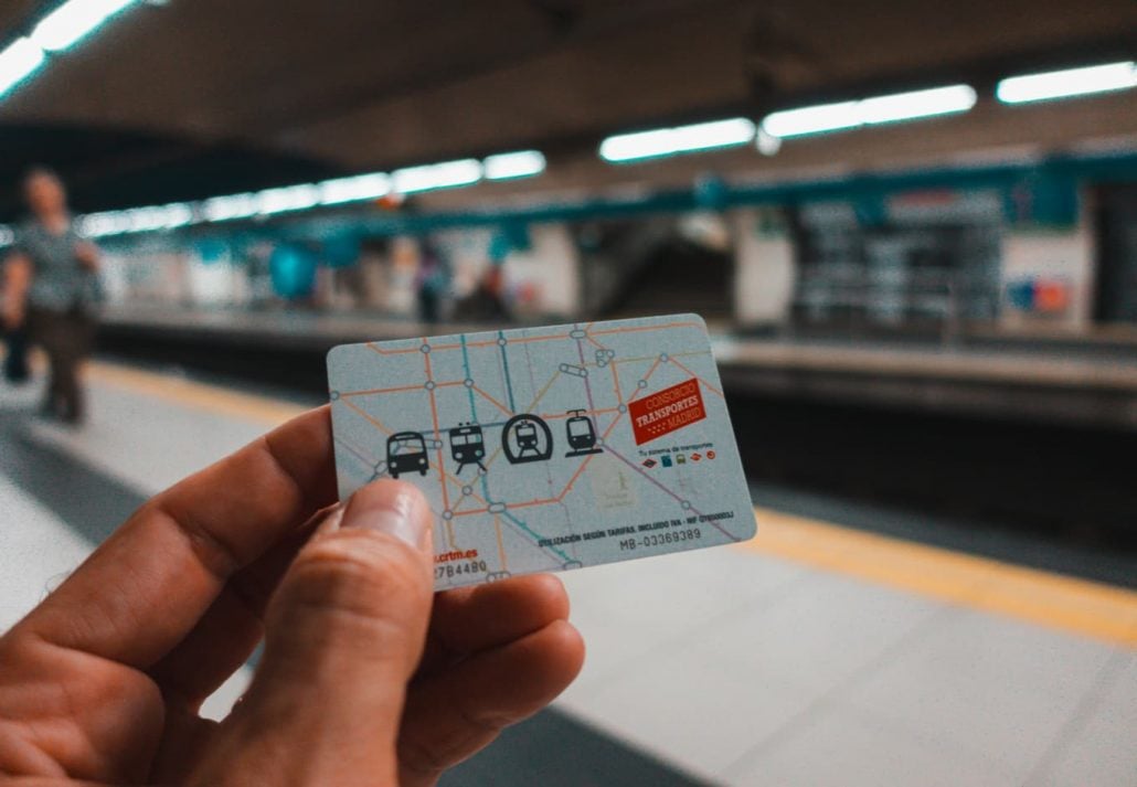 Hand with Public transport Multi card of Madrid at an underground metro station