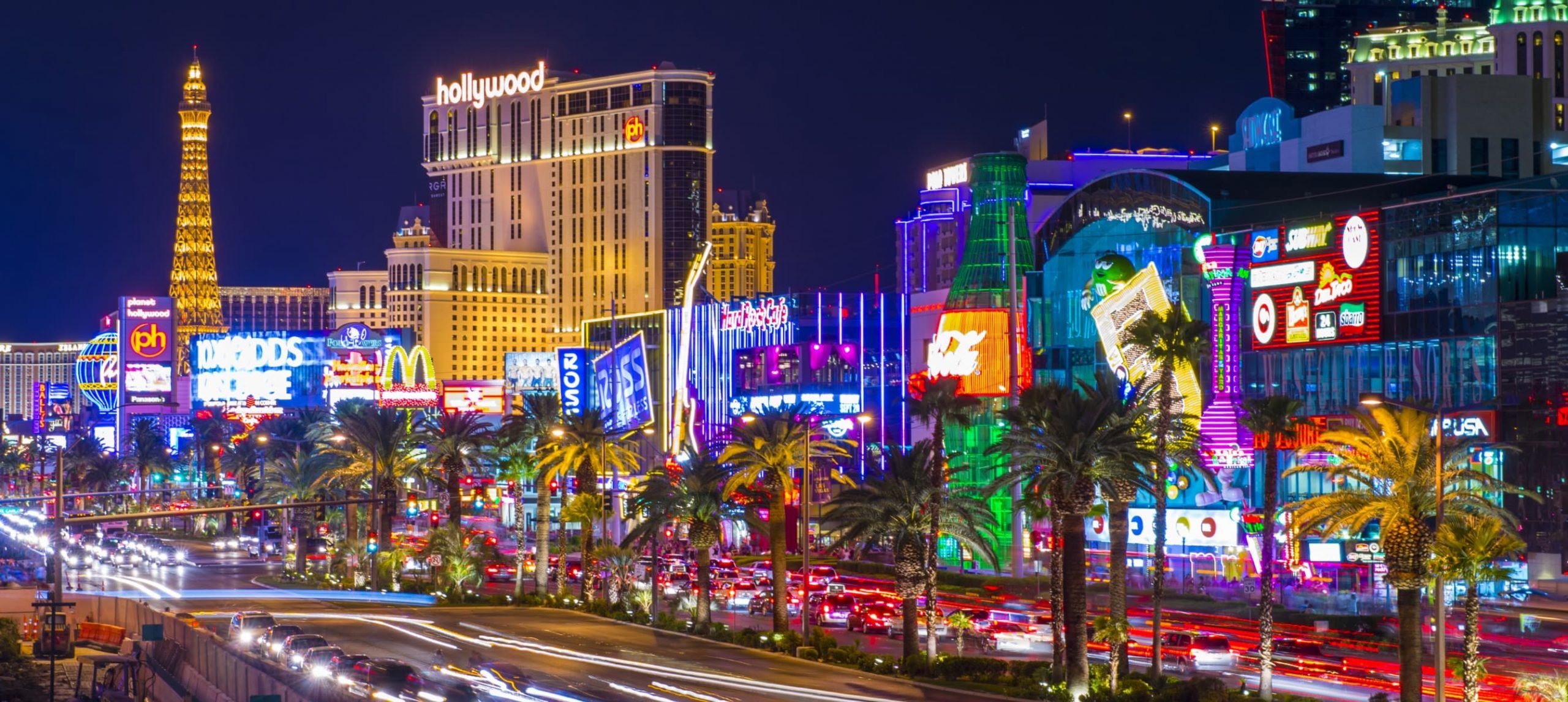 View of The Strip, in Las Vegas, Nevada, at nighttime.