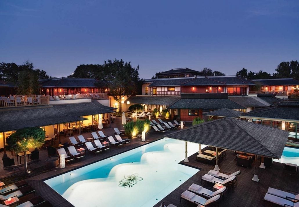 Aerial view of the Vabali spa in the evening in Berlin