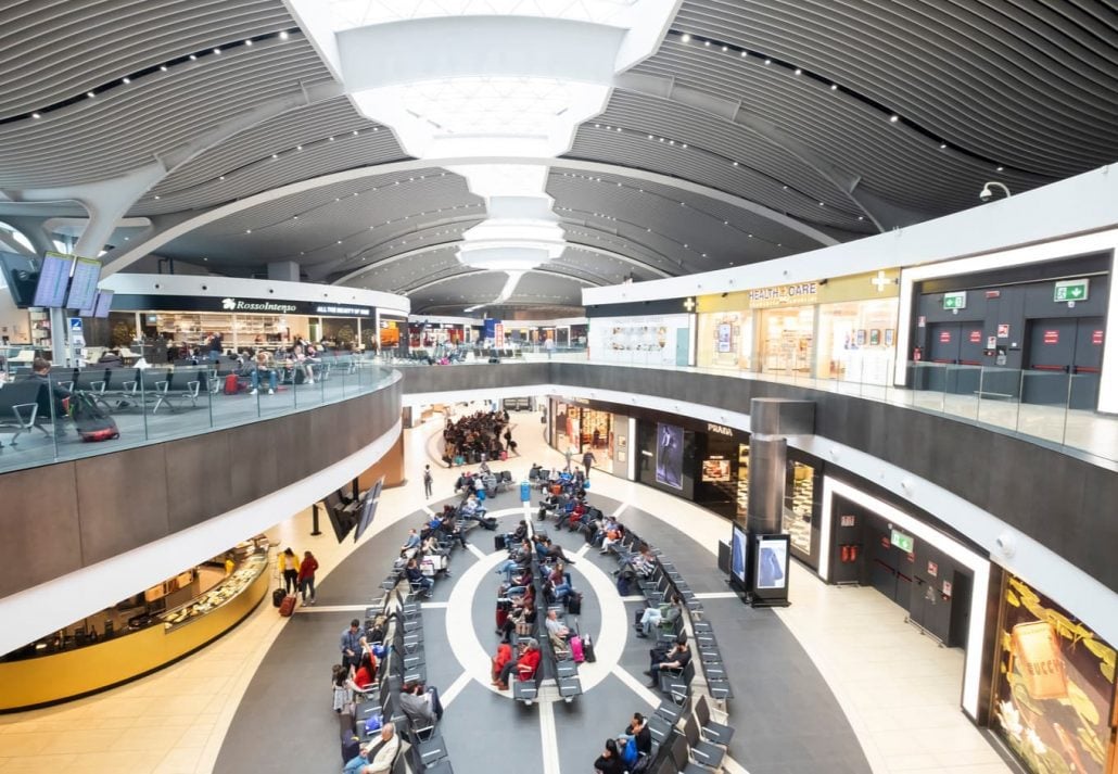  Modern interior of Rome Fiumicino International Airport Leonardo da Vinci, Rome, Italy