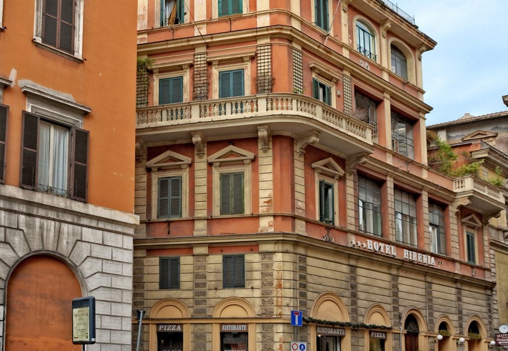 Hotel Hiberia façade in Rome, Italy.